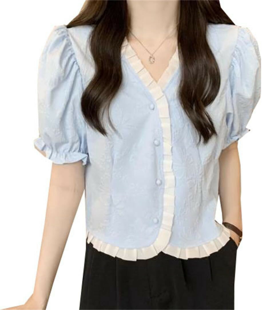 レディース Tシャツ 半袖 パフスリーブ フリル Vネック カットソー ショート丈 へそ出し 森ガール プリンセス風 夏服 ブラウス 気質 着痩せ トップス ファッション