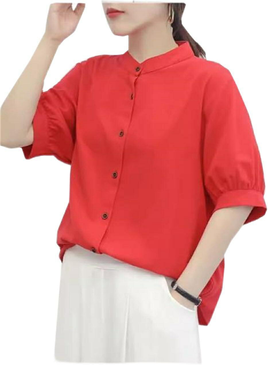 レディース Tシャツ 五分袖 リネン 大きいサイズ 棉麻 ブラウス レトロ 丸首 ゆったり シャツ 着痩せ カットソー トップス パフスリーブ オシャレ