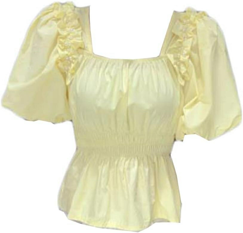 レディース Tシャツ フリル スクエア襟 パフスリーブ 半袖 夏服 トップス ストレッチ ギャザーデザイン 可愛い ショート丈 ビーズ タイトtシャツ ファッション