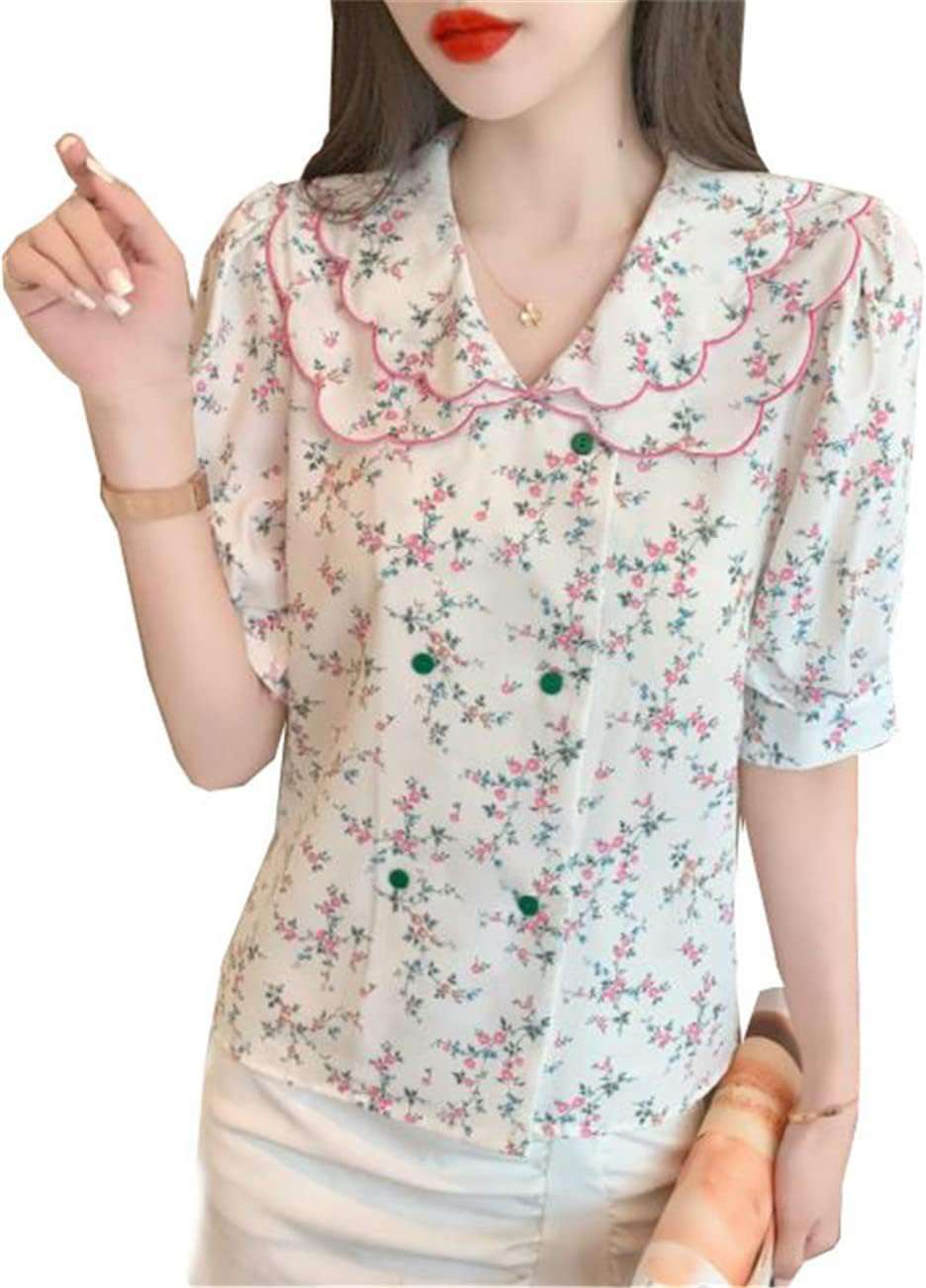 レディース tシャツ 半袖 プリント 花柄 可愛い パフスリーブ カットソー ラペル襟 半袖シャツ ワイシャツ ボタンシャツ プリントシャツ シンプル 個性 森ガール 夏 レトロ ファッション