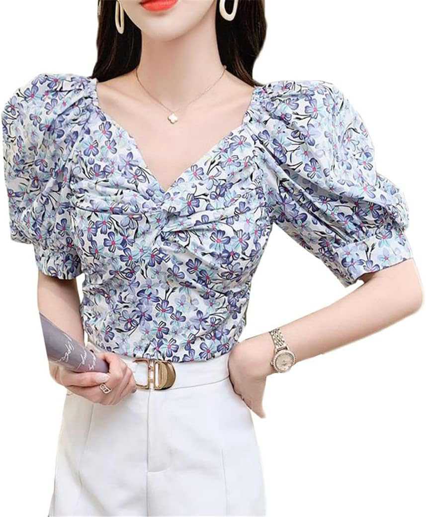 レディース tシャツ Vネック/ボートネック パフスリーブ プリント 半袖 トップス 夏服 ゆったり 肩出し カットソー オシャレ ブラウス 花柄 サマー ファッション