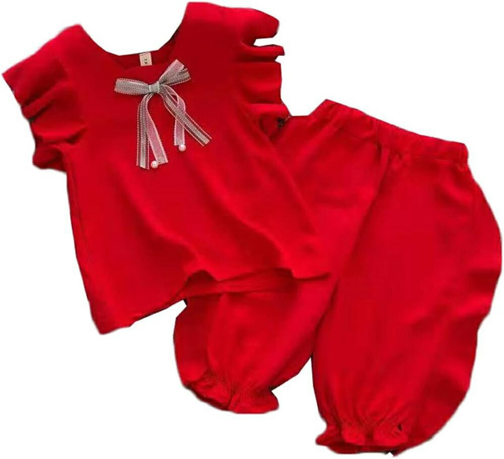 ガールズ tシャツ パンツ セットアップ 2点セット 短パン フリル 蝶結び シフォン フレア フリル 半袖 ..