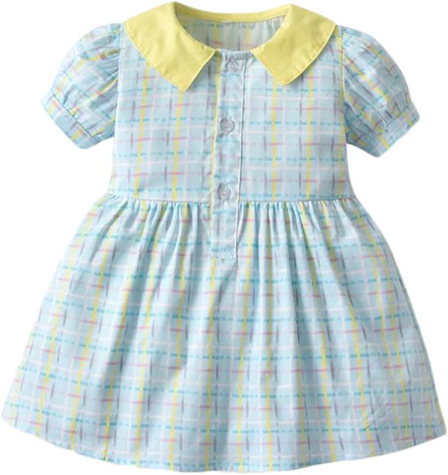 ガールズ 半袖ワンピース シャツワンピース 夏 チェック柄 キッズ ドレス ラペル 子供服 柔らかい 通気 プリンセスドレス パフスリーブ 可愛い 女の子 キュート 格子 通園 ファッション