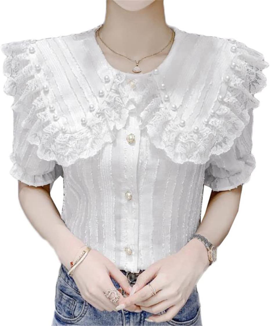 レディース tシャツ レース ビーズ カットソー フリル 半袖 シャツ半袖 トップス ゆったり パフスリーブ 個性 夏 オシャレ 着痩せ ファッション