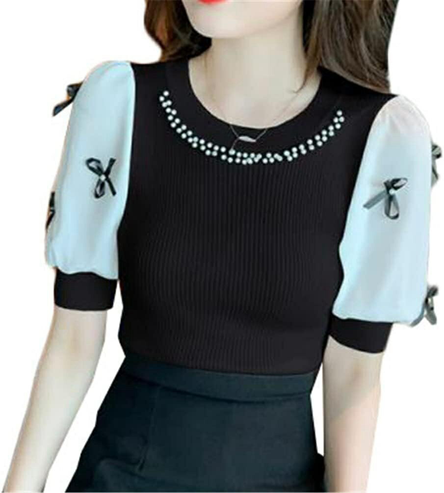 レディース シフォン パフスリーブ 半袖 tシャツ 夏服 蝶結び ニット半袖 カットソー トップス 個性 夏服 スプライス エレガント オシャレ ファッション