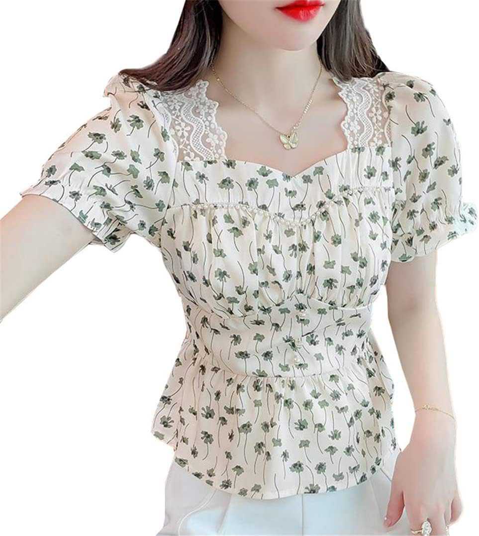 レディース 半袖 Tシャツ レース 着痩せ フリル フレア カットソー フレンチ スクエアネック 夏服 トップス パフスリーブ スリムウエスト 個性 オシャレ 美しい ファッション
