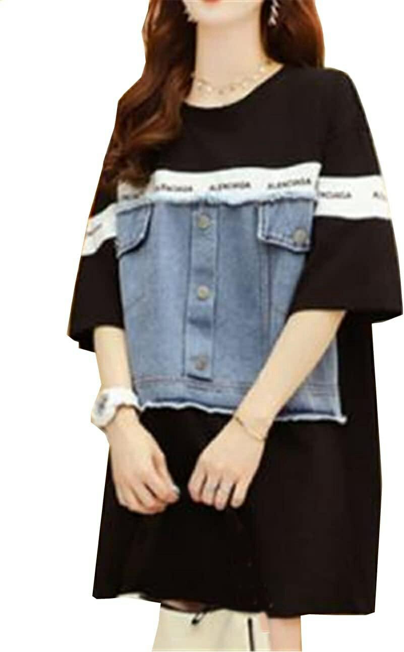 レディース tシャツ 大きいサイズ ロング丈 個性 ゆったり カットソー 半袖 夏 スプライス デニム コッ..