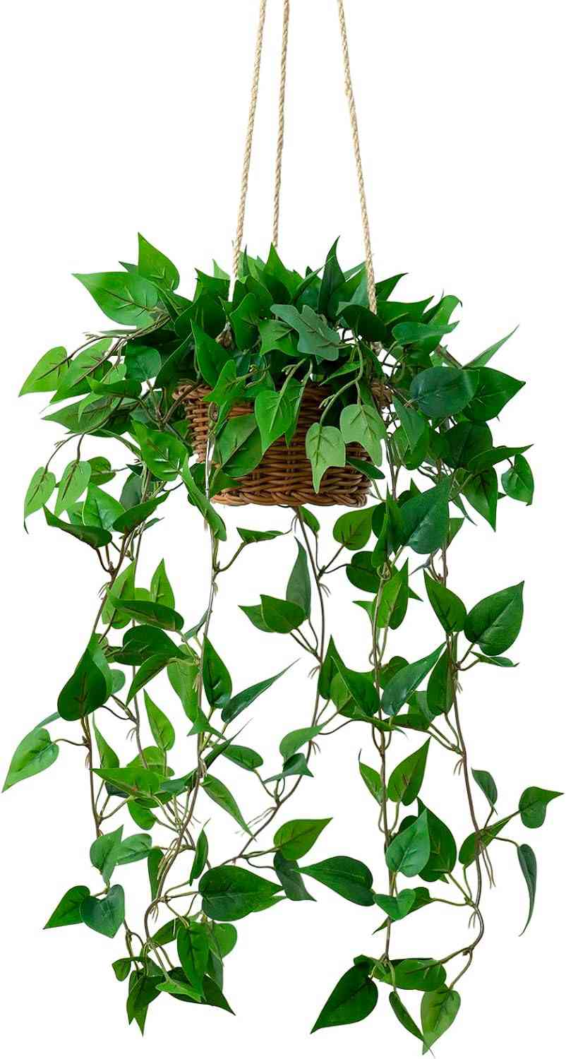 吊り下げ フェイクグリーン ポトス 全長95cm 編みかご付き お手入れ不要 造花 インテリアグリーン 取り付け簡単 フックにかけるだけ リビング ベランダ 飾り 北欧