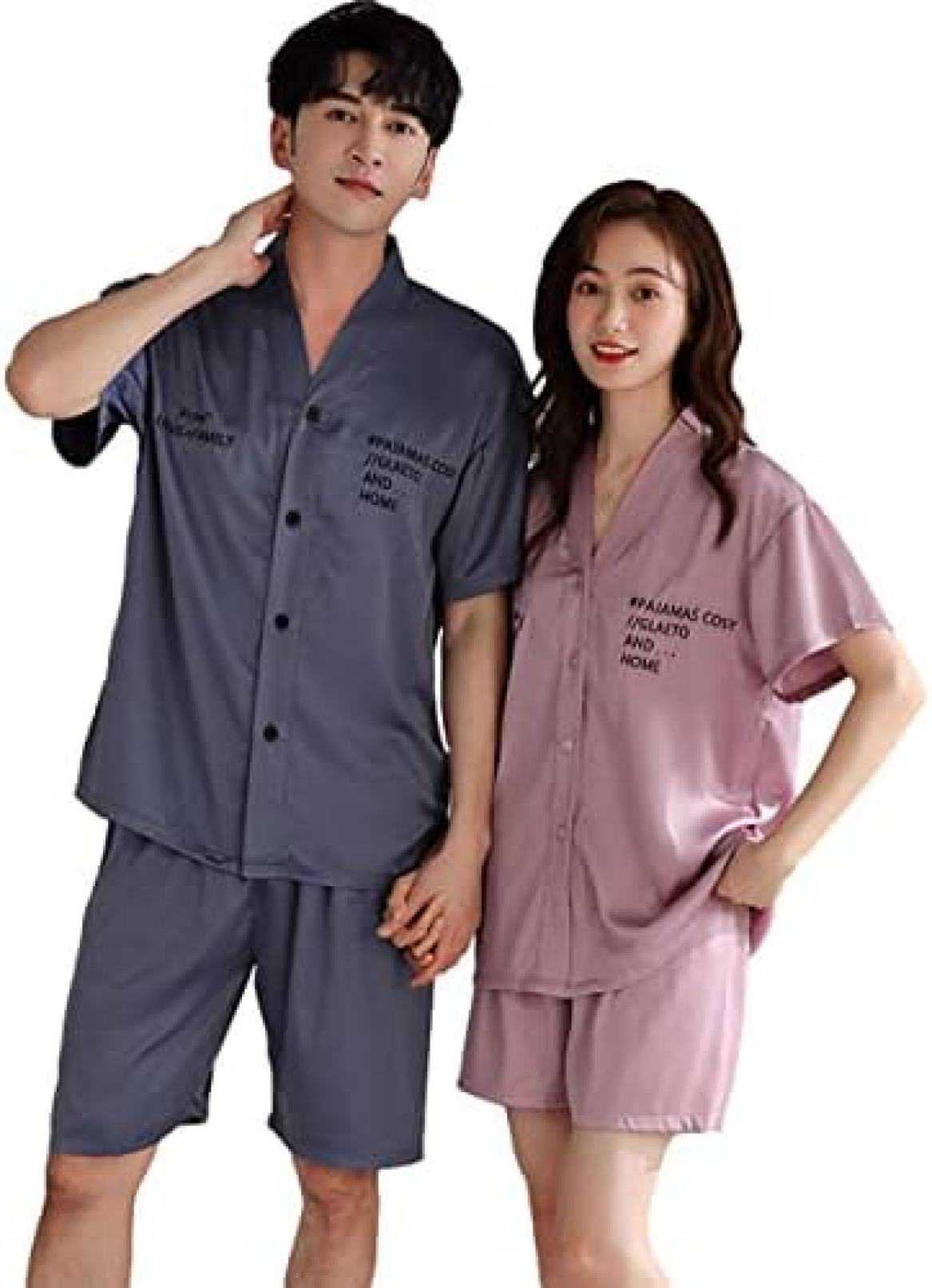 ペアパジャマ 半袖 シルク風 夏 前開き カップル 男女セット ルームウェア 部屋着 ペアルック おしゃれ 通気 恋人 おそろい 女性 結婚祝い プレゼント