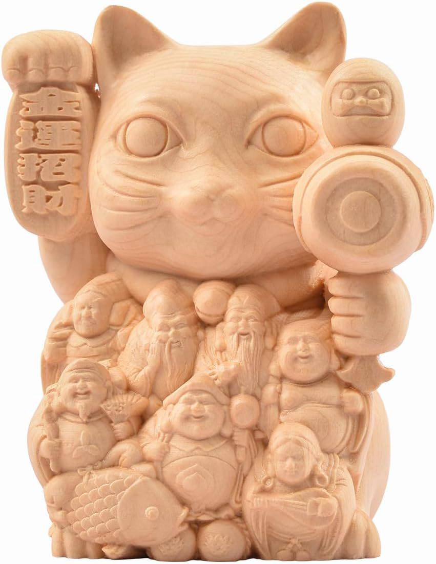 七福神 招き猫 木彫り 桧木製 縁起物 玄関置物 開運招福 商売繁盛 無病息災 五穀豊穣 子孫繁栄 (高さ10cm×巾8cm×奥行6.5cm) (原木色)