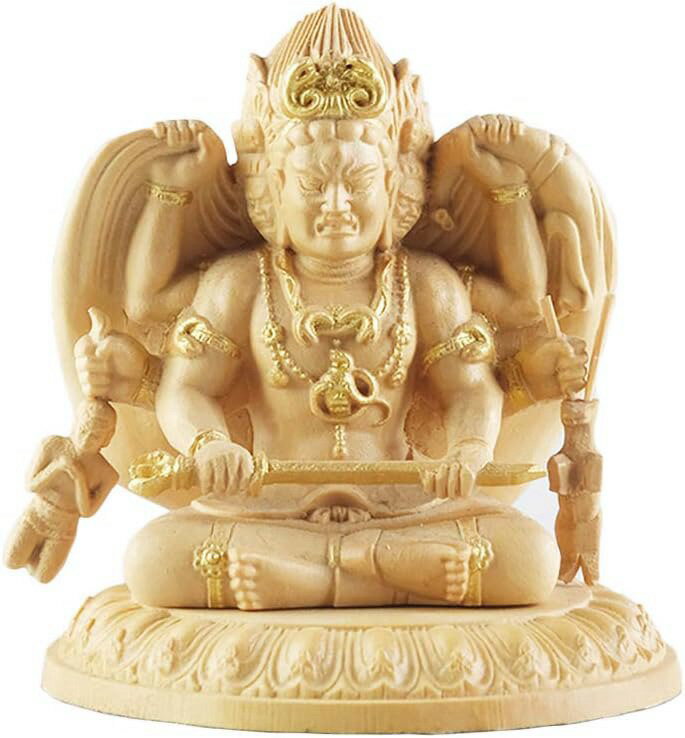 仏像 フィギュア 忿怒形 三面大黒天 ミニ仏像 天部 木彫り 原木蒔絵 手心仏系 精彫造像（高さ5cm×巾5cm×奥行5cm） (原木蒔絵系)