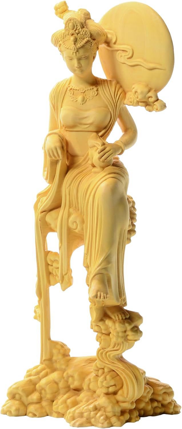 月の神 嫦娥 置物 木彫り 中秋 天女像 中国神話人物 手作り 美術品 中秋の贈り物 （高さ18cm×巾6cm×奥行4cm）