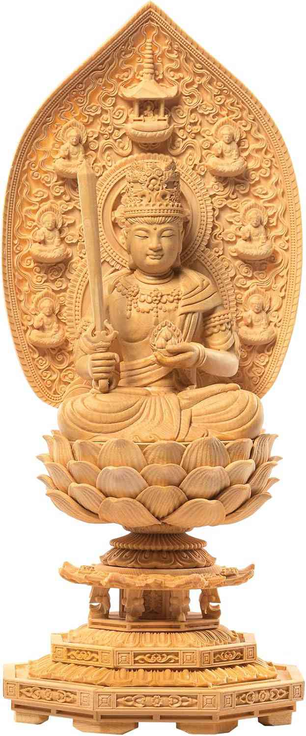 虚空蔵菩薩 仏像 木彫り 仏壇仏像 桧木製 丑年 寅年 飛天光背 蓮華座（高さ30.5cm×巾12.5cm×奥行12.5cm） (原木色)