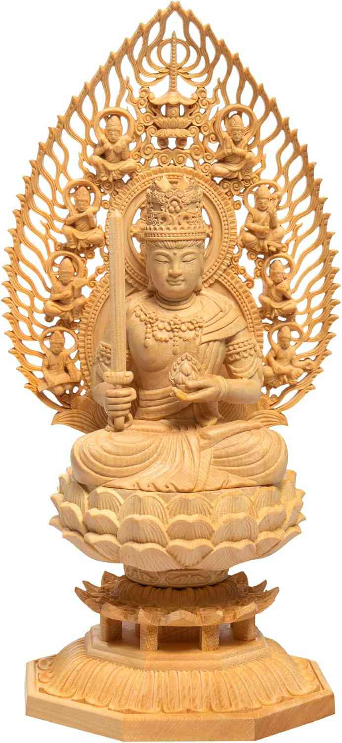 仏像 虚空蔵菩薩 仏壇仏像 置物 桧木製 木彫り 飛天光背 八角台座 丑年・寅年 開運十二干支お守り本尊 祈る 厄除け（高さ28cm×巾12cm×奥行12cm）