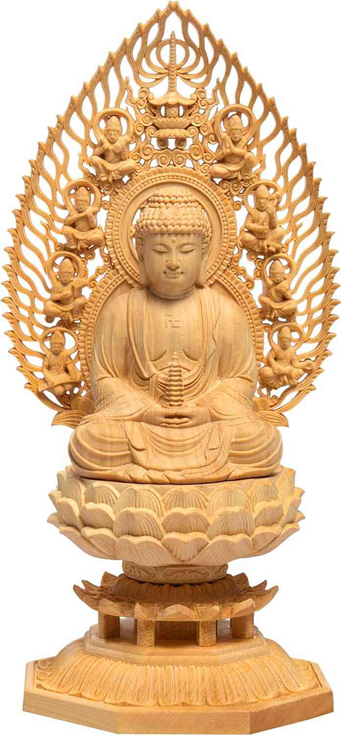 仏像 薬師如来 仏壇仏像 置物 桧木製 無病息災 風水 祈る 厄除け 飛天光背 八角台座 （高さ28cm×巾12cm×奥行12cm）