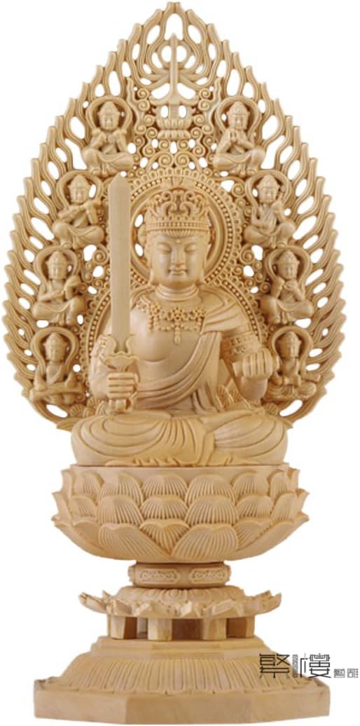 仏像 文殊菩薩 仏壇仏像 置物 桧木製 木彫り 飛天光背 蓮華台座 十二干支 癸年卯年 お守り本尊 祈る 厄除け 繁樓藝雕（高さ28cm×巾12cm×奥行12cm） (原木)