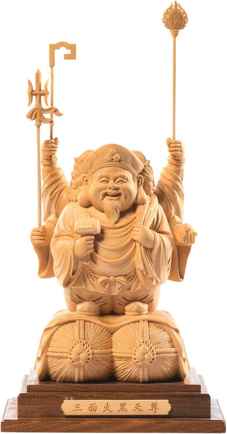 大黒天 置物 三面大黒天 仏像 七福神 木彫り 桧木製 商売繁盛 無病息災 福徳 厄除け (高さ16cm×巾13cm×奥行10.5cm) (原木色)