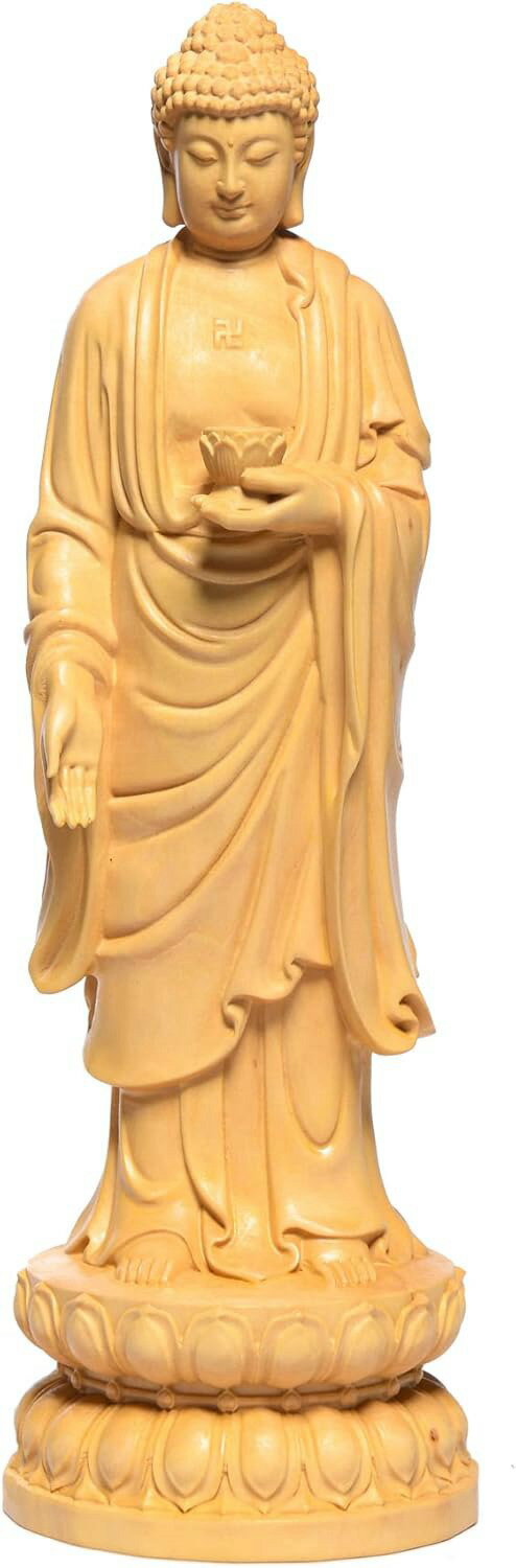 仏像 釈迦如来 立像 木彫り 置物 仏壇仏像 祈る 厄除け 高級天然ツゲ木彫り （高さ23cm×巾7cm×奥行7cm）