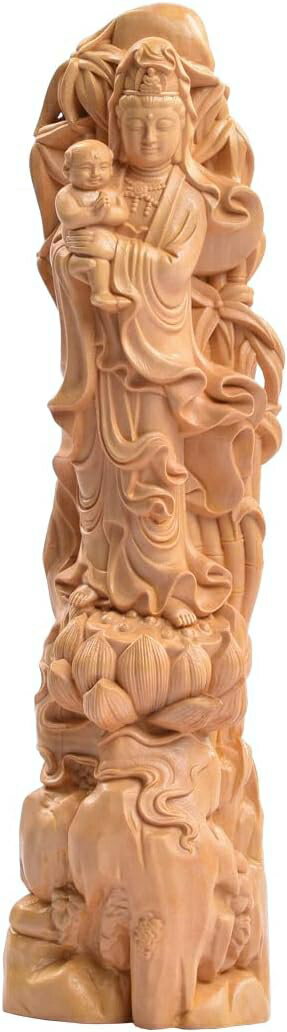 仏像 観音像 観音菩薩立像 子送り観音 仏壇仏像 木彫り 置物 高級天然ツゲ木彫り（高さ23cm×巾6cm×奥行..
