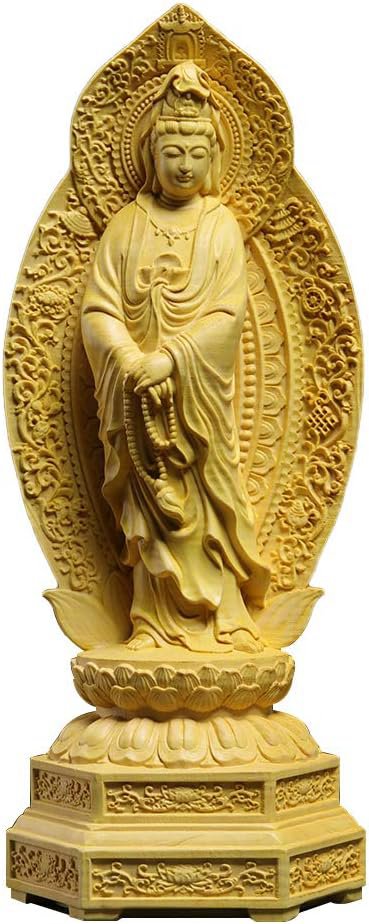 仏像 観音像 木彫り 置物 風水 開運 仏壇仏像 【観音菩薩・八角蓮華座】 ツゲ製高級木彫り （高さ20cm×巾8cm×奥行6.5cm） 【繁樓藝雕・TheChanger】
