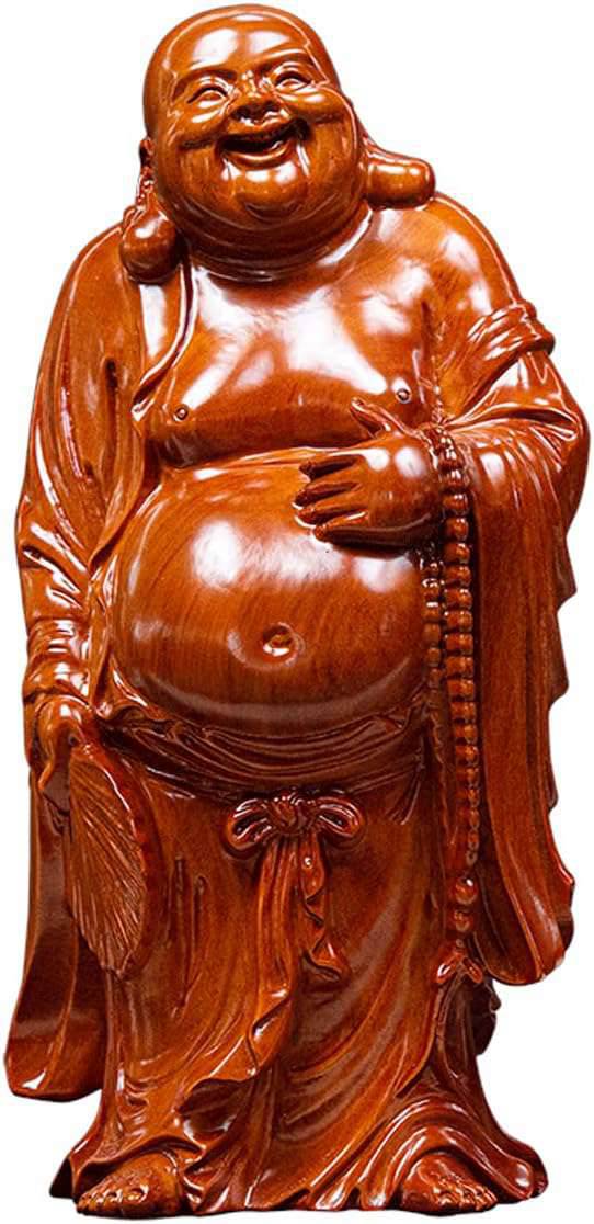 布袋様 木彫り 七福神置物 布袋さんの置物 木像 木製フィギュア 黄花梨 花梨木 高級天然カリン材 仏像 コレクション 木彫り 仏像 金運 置物(Size:高さ20cm)