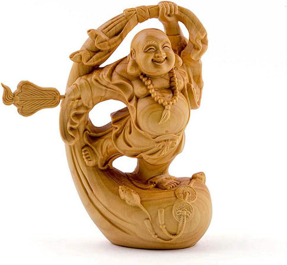 七福神 布袋 様 布袋さんの置物 黄楊(柘植) 縁起物 布袋様 置物 開運 風水 金運 お守り ミニ 仏像 木彫り (高さ10cm×巾6cm×奥行3.7cm)