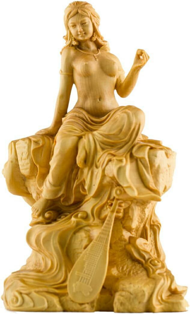 仏像 木彫り 置物 開運招福七福神・弁財天 (高さ12cm×巾8cm) 高級天然ツゲ木彫り 美術品 ◆商売繁盛・無病息災・福徳・福運・厄除け