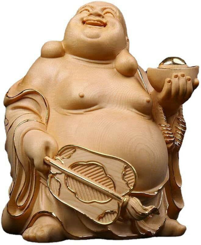 布袋様 置物 桧木製高級木彫り (高さ15cm×巾11cm) 金運 お守り