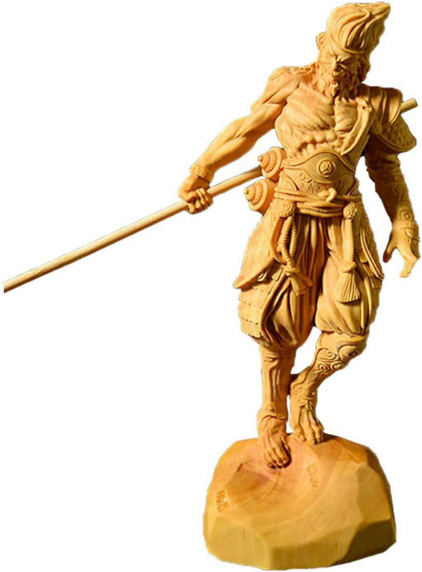 木彫り 置物「西遊記」孫悟空 孫悟空の置物 室内置物 高級天然ツゲ木彫り 中国神話人物 手作り 美術品 黄楊 柘植 木製彫刻 天然木 風水 開運 昇運 機運上昇(Size:高さ12cm)