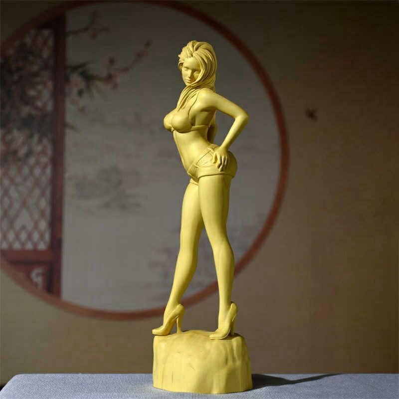 木彫り置物 女神 美少女 柘植の木 像 フィギュア 高さ22 cm
