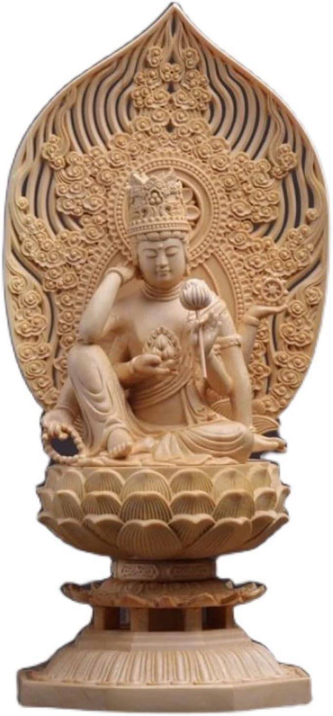 木彫りの仏像【菩薩】如意輪観音 桧木製高級木彫り（一面六臂）草光背六角台 仏像彫刻 置物 フィギュア 風水 祈る 厄除け (高さ30cm×巾12.5cm)