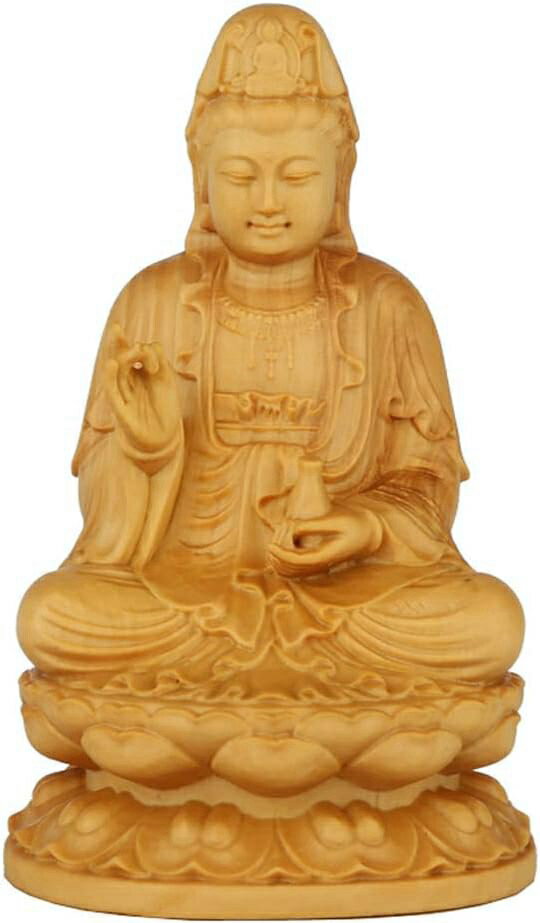 仏像 観音 観音菩薩 観音像 観音菩薩像 ツゲの木彫り 木彫り 置物 木製彫刻 仏壇仏像 風水 厄除け 開運(Size:高さ13cm)