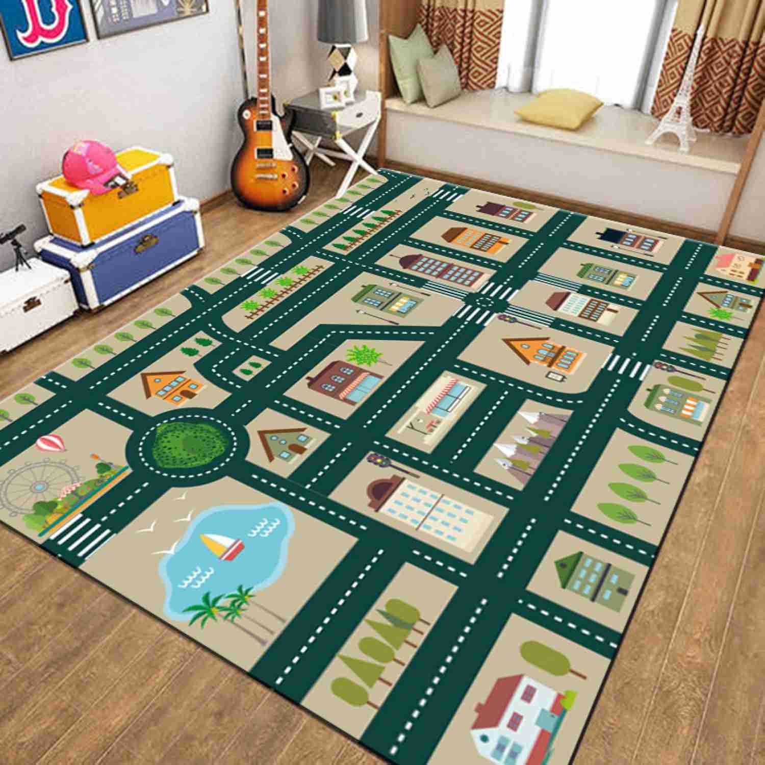 洗えるラグ 長方形 キッズラグ 道路柄 ラグ カーペット 洗える 子供部屋 カラー 子供用 男の子 道路ラ..