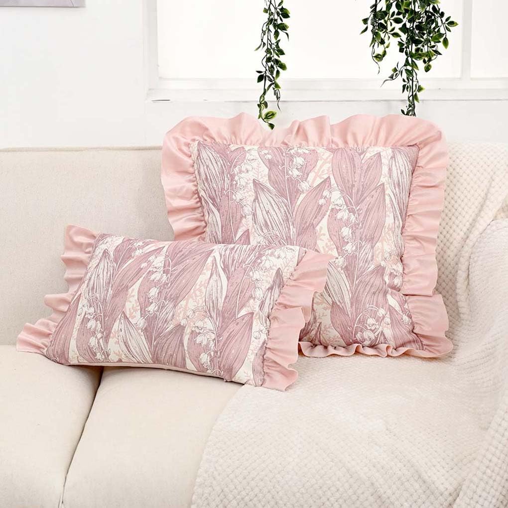 クッションカバー 45×45cm おしゃれ ベロア調 北欧 レトロ スズラン柄 ピンク フリル付き 座布団カバー..