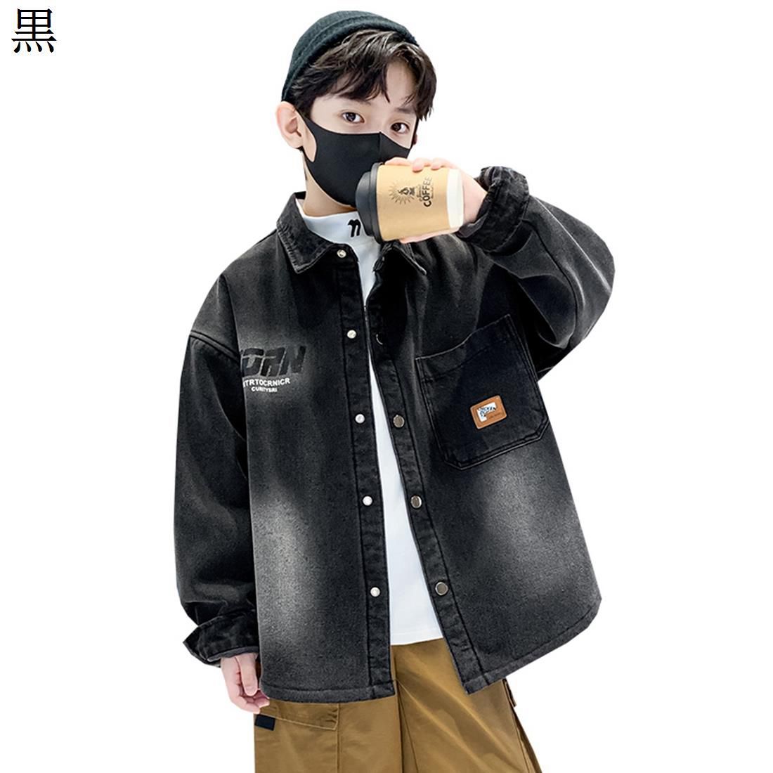 楽天スマイルShopデニムジャケット キッズ 男の子 子供服 秋冬 長袖 スナップ 厚手 裏起毛 ヴィンテージ 英文字 ゆったり ジャンパー Gジャン 防寒防風 あったか おしゃれ アウター 通学 普段着 大きいサイズ ボーイズコート?ジャケット