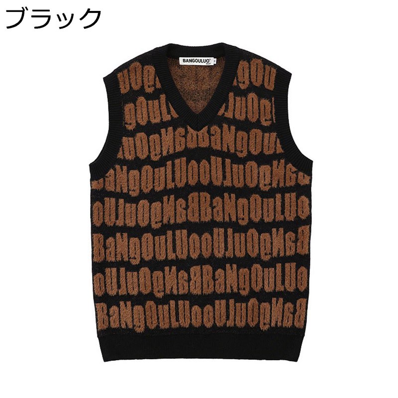 楽天スマイルShopニットベスト セーターベスト メンズ 秋冬 春服 Vネック 着回し 大きいサイズ L ゆったり カジュアル 古着風 英字柄 毛玉になりにくい お出かけ ストリート 普段着 ノースリーブ セーター ブラック