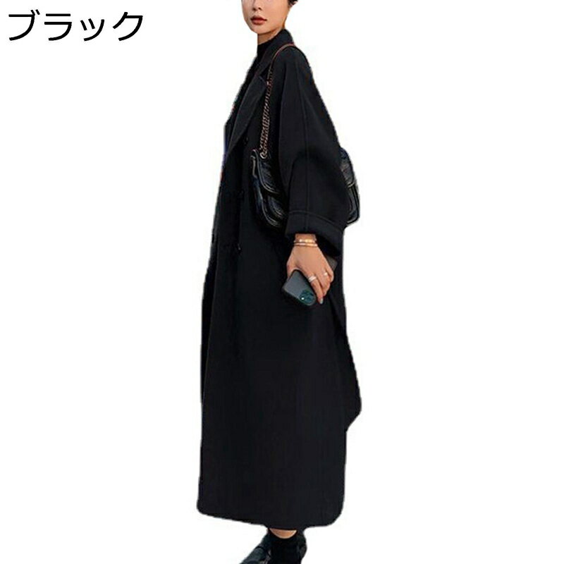 メルトンコート チェスターコート レディース ゆったり 着痩せ 大きいサイズ 2XL 秋冬 厚手 ラシャ 防寒 防風 暖かい ロング丈 トレンチコート カジュアル オフィス お出かけ きれいめ おしゃれ ベルト付き ブラック