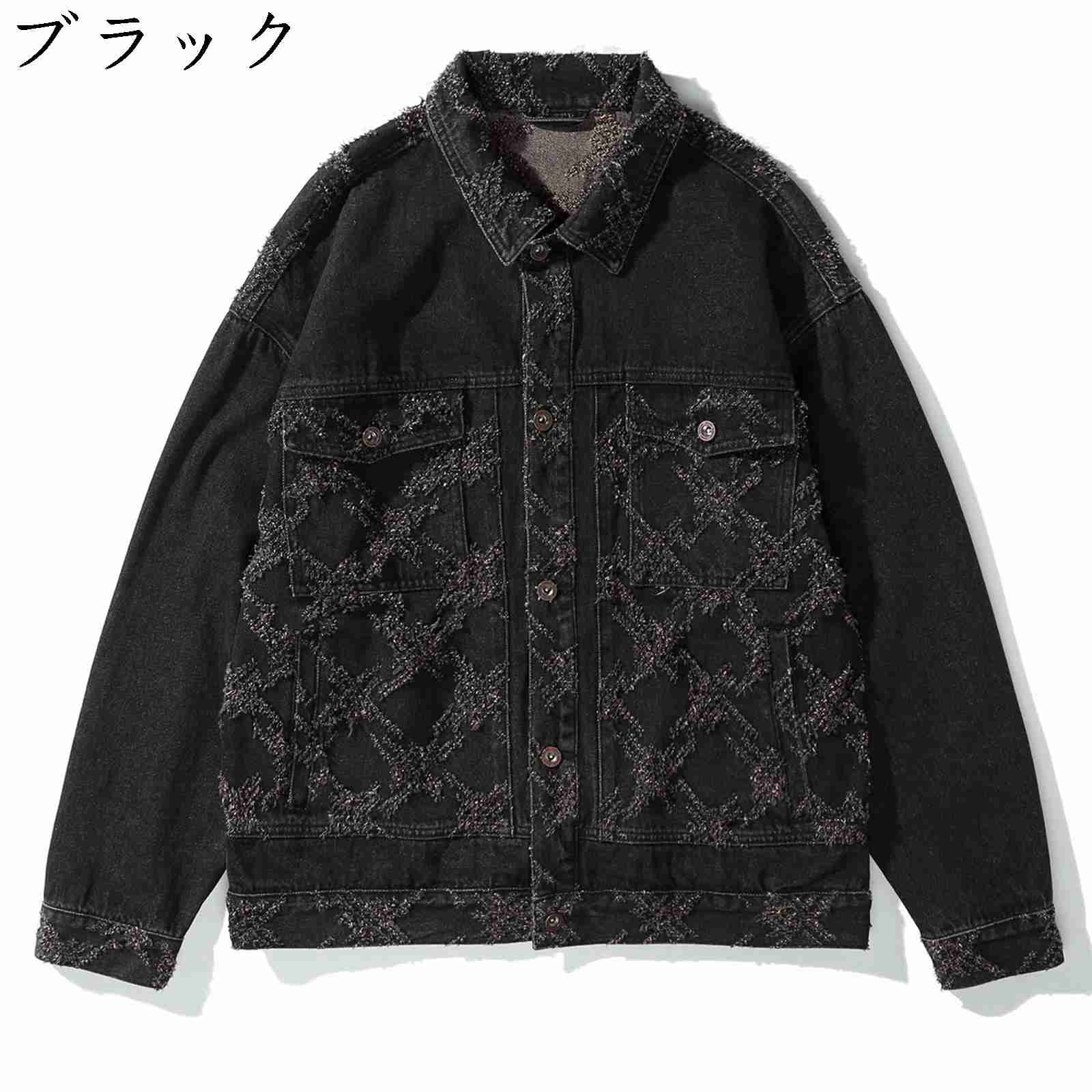 ダメージ 黒 ジージャン デニムジャケット 秋 春 綿 防風 デニムシャツ プリント ファッション 