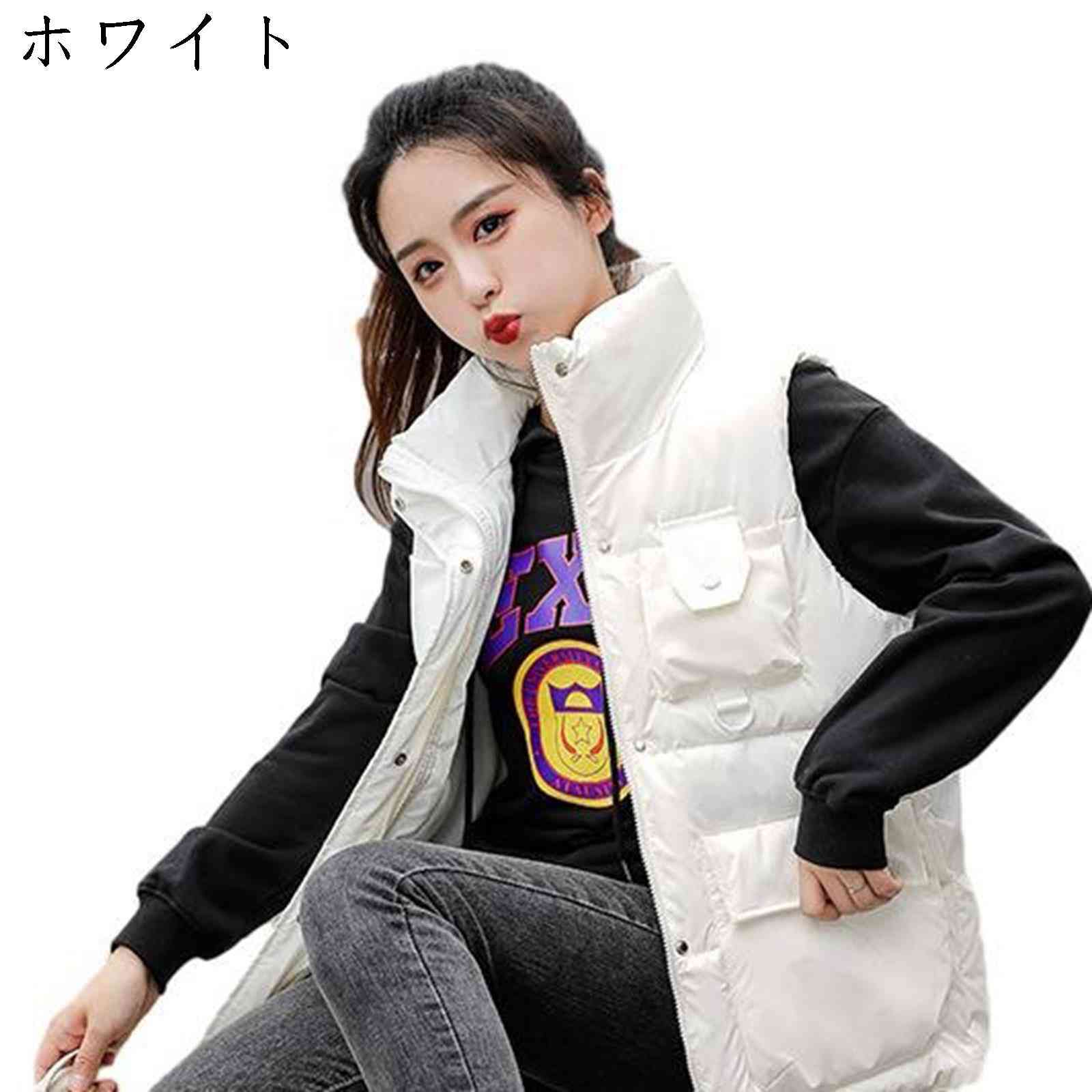 光沢感 ダウンベスト レディース 冬 軽い コンパクト 保温性 ハイネック ショート丈 ファスナー付き ポケット 中綿ベスト 無地 韓国 オシャレ スポーツ 部屋着 ベスト 学生 大きいサイズ ゆったり 着痩せ