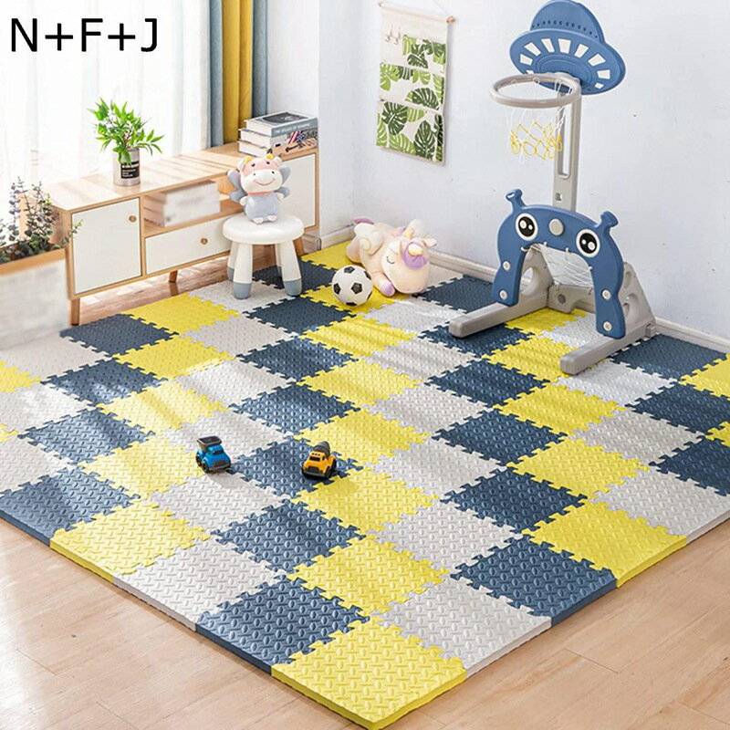 吸着マット ジョイントマット タイルカーペット ずれない 防音 洗える ペット 子供部屋 高齢者の滑り止め対策 エコ 防臭 抗菌 汚れ防止 ケガ防止 弾力良く インテリア 北欧 DIY可能 厚め 大判 柔らかい ネイビー+イエロー+ホワイト 冷房対策