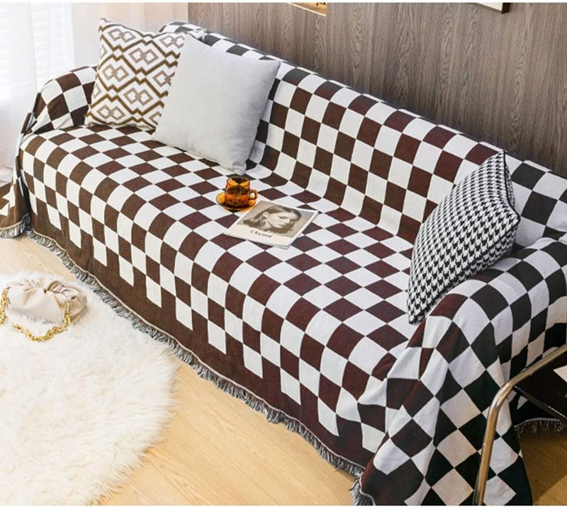 マルチカバー ソファカバー おしゃれ 北欧 チェック柄 180×340CM 両面使える フリンジ付き ソファ 大判 正方形 長方形 1 2 3人掛け 洗える キズ防止 犬猫対策 毛布 ペットカバー 保護カバー オールシーズン [2]