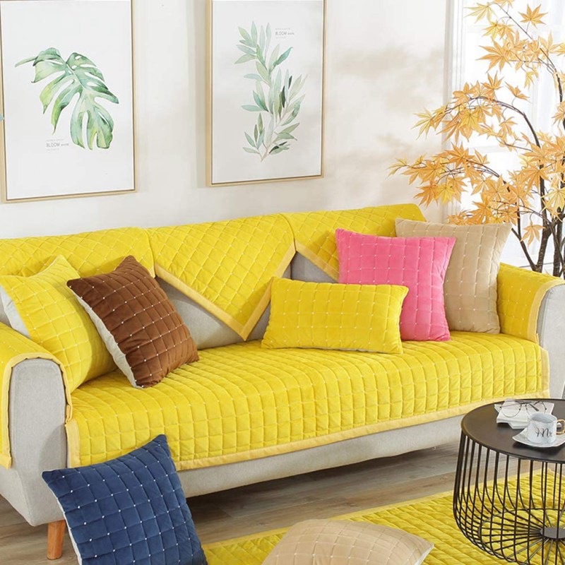 ソファーカバー キルティング イエロー 110×240cm ソファー保護 滑り止め 秋冬用 厚手 マルチカバー 布製 水洗いOK 汚れ防止 防塵 チェック柄 ソファー保護カバー 2人掛け3人掛け ソファーシーツ 子供 犬猫対策 ナチュラル シンプル [2]