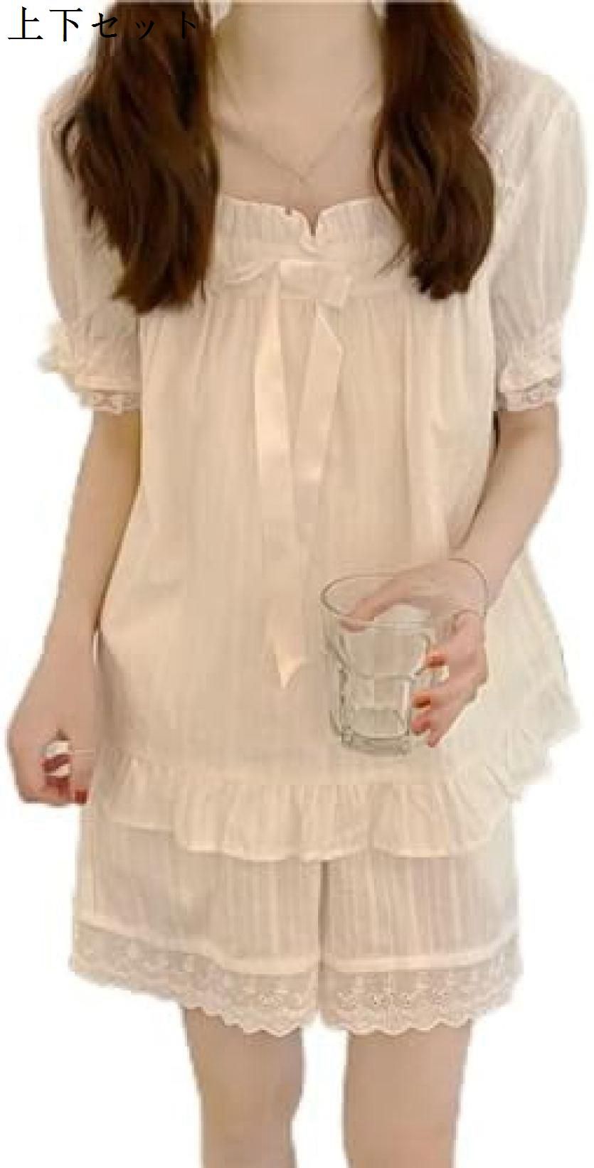 パジャマ お姫様 女の子 ネグリジェ ワンピース 上下セット 白 無地 リボン パフ袖 半袖 夏 リボン フリル 優しい 柔らかい 彼女 レース レディース お嬢様 童話風 冷感 宮廷風 家着 ルームウェア