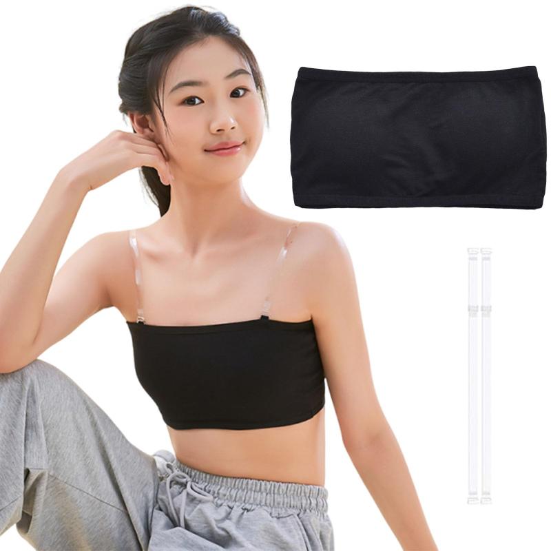 [KALOLINNA] チューブトップ キッズ パッド付き ガールズ コットンブラ ジュニアブラ 綿 ずれない 落ちない 子供用ブラジャー ハーフトップ 透明ストラップ ダンス 中学生 小学生 下着