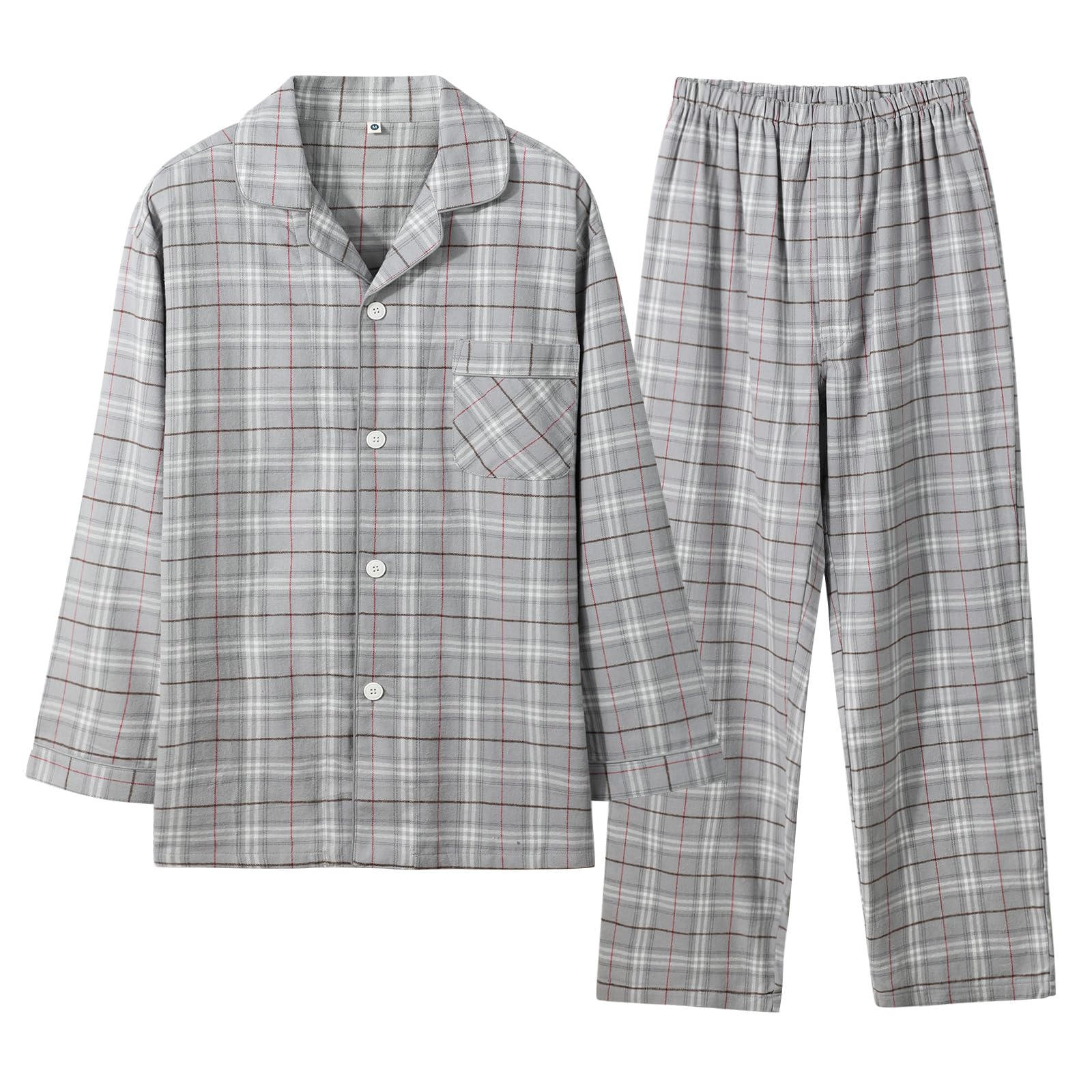 Rakuten - パジャマ メンズ 綿100% 長袖 上下セット 前開き チェック柄 ネル 起毛 ゆったり 部屋着 入院着 春 秋 冬
