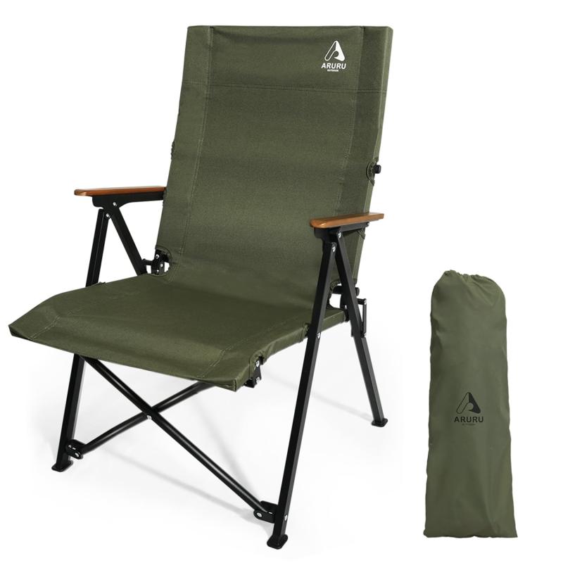 ARURUキャンプ用リクライニングチェア、ヘッドレスト付き4段階傾斜ハイバック椅子、コンパクトに折りたたみ可能なアウトドアチェア、そして便利な収納袋付き