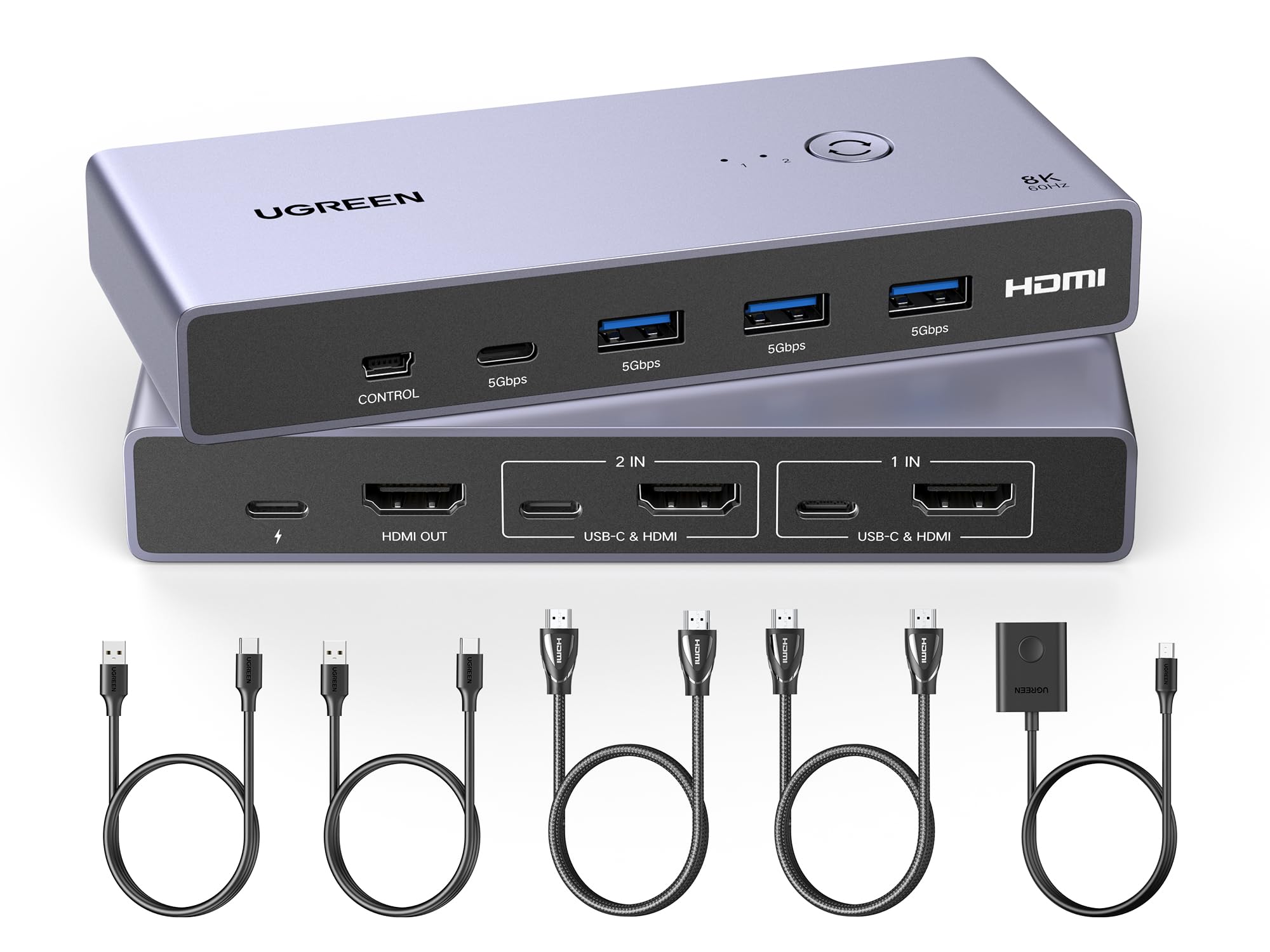 HDMI切替器 2入力1出力 8K 60Hz USB 3.0ポート 3口 USB-Cポート 1口 モニター1台共有 KVMスイッチ 手元スイッチ ケーブル付き