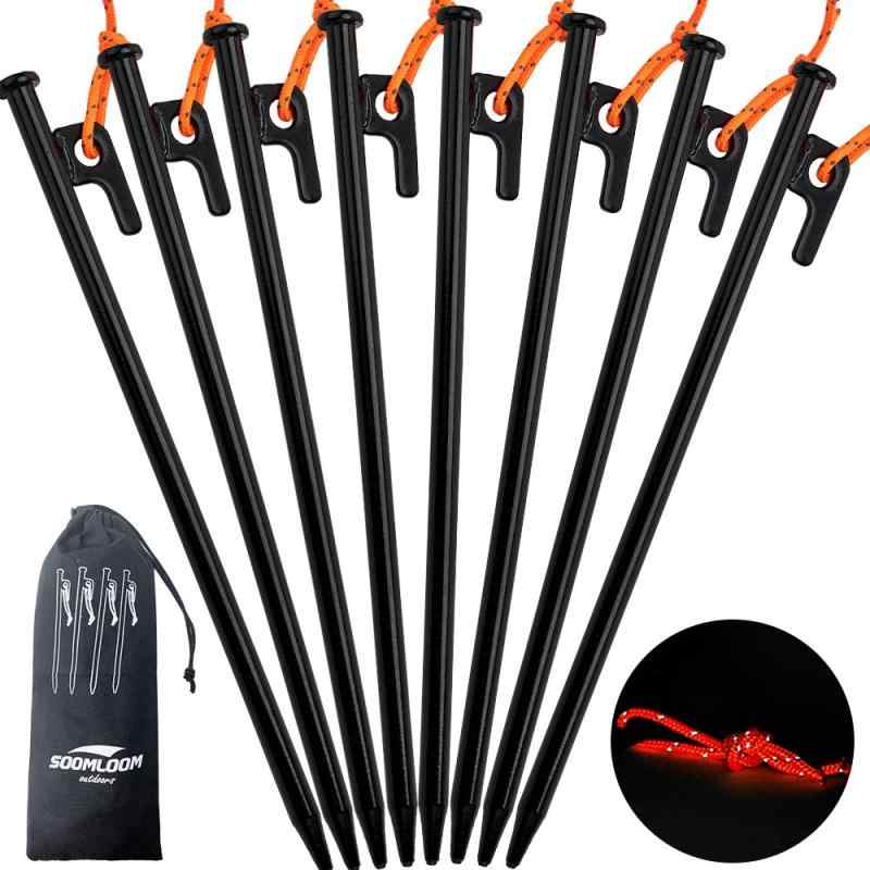 Soomloom スチール ソリッド テント ペグ テーク 30CM キャンプ設営用具 8本1セット/16本1セットサ イ ズ:(約)300mm (ヘッド部直径(約)16mm / 打ち込み部直径(約)9.8mm) 　重 量 (約)180g/1本 このペグはスチールで作られてますので、硬い地面、砂利や石やどが混じった場所でも入り込みがいいです。本製品の表面は黒電着塗装処理してます。水分があるところで使ってもカビが入りずらいです。ヘッド部分の直径は約16mmがありまして、ペグの打ち込みはより簡単になります。このペグの直径は約9.8mmです、この太さならかなり厳しい状況にも耐えられます。下の部分は細めのデザインで、地面により簡単に入れます。