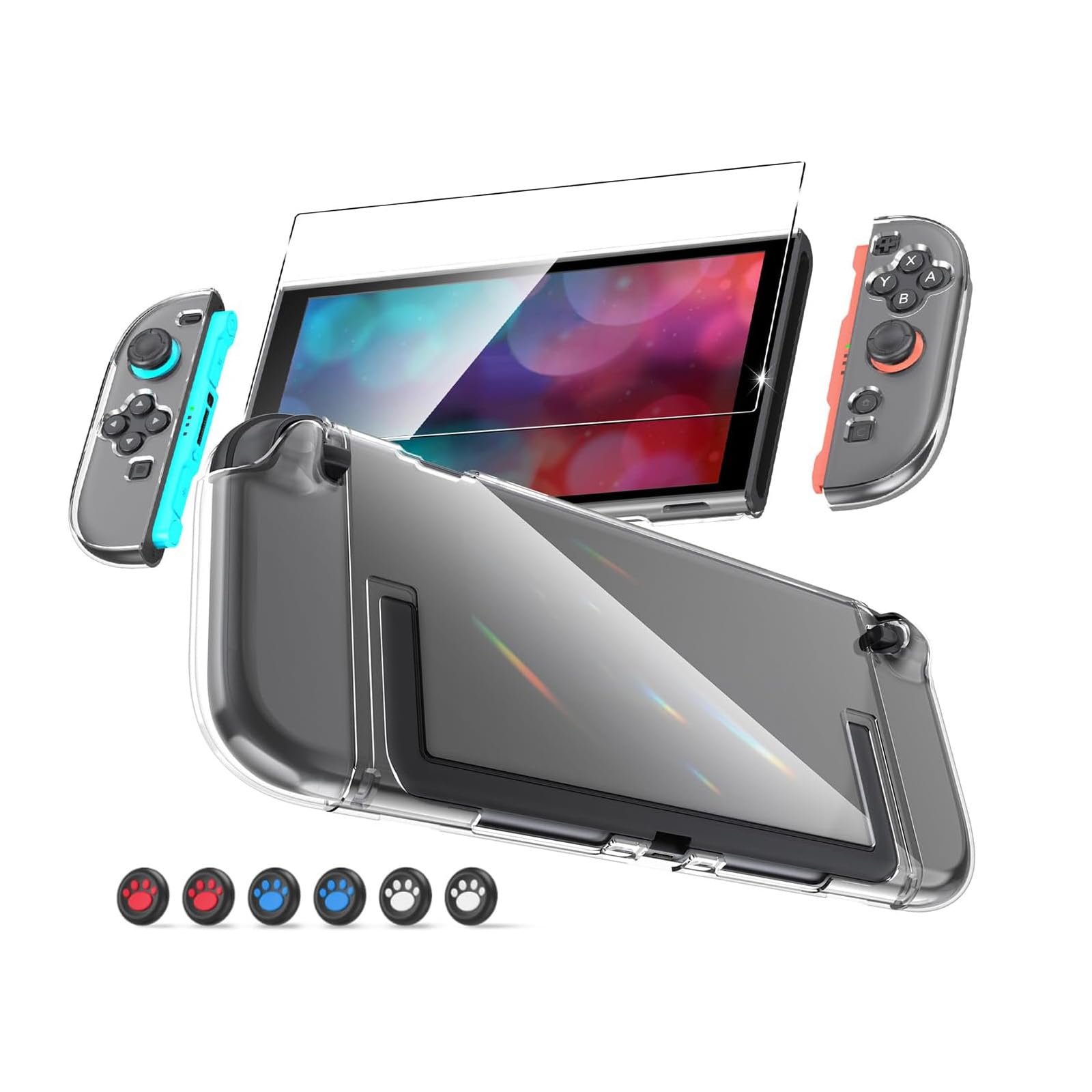 ゲーム機用保護ケース ガラスフィルム スティックキャップセット クリア TPU PC素材 分体式 耐衝撃 傷防止 高透過率 3点セット