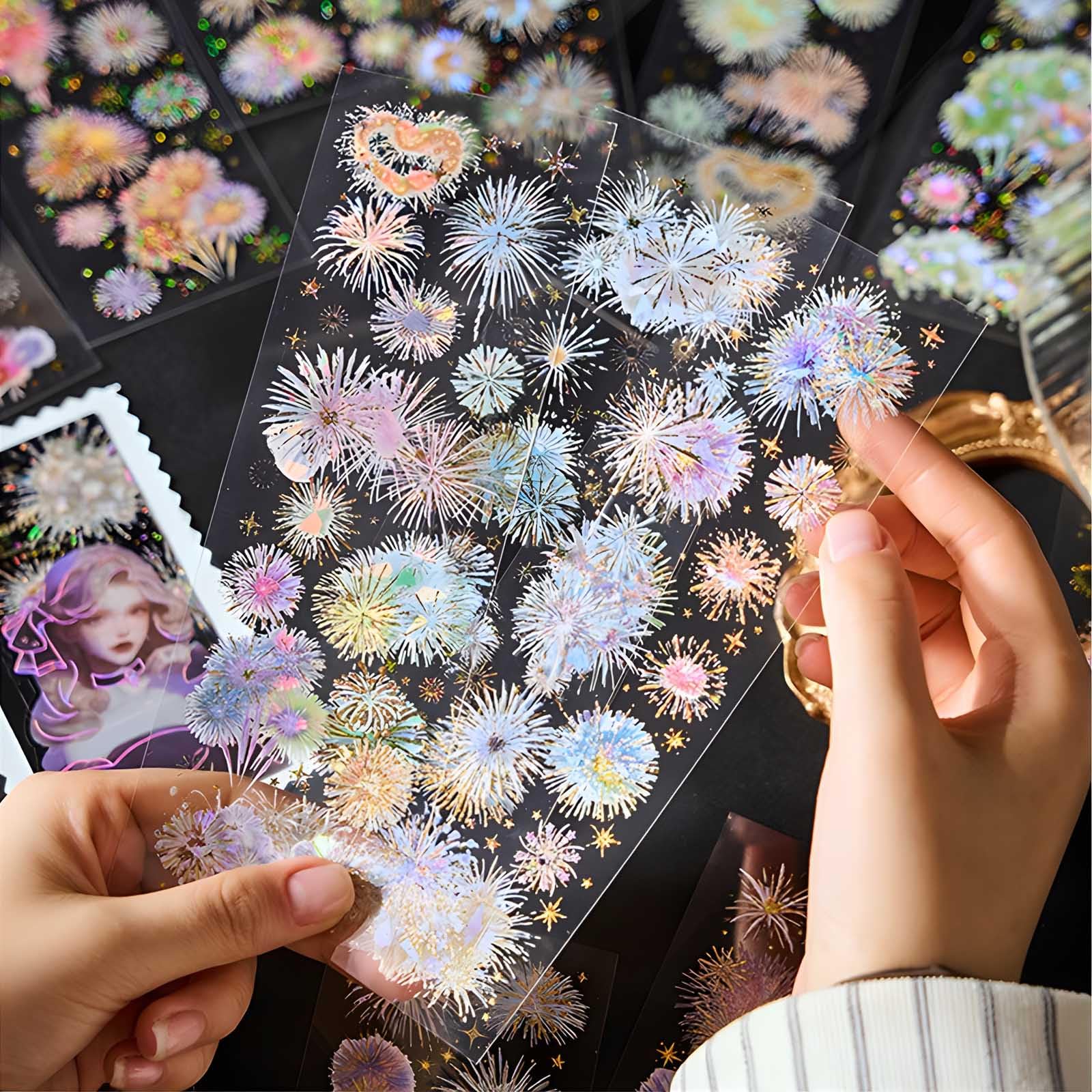 Rakuten - フレークシール 花火 12枚セット 素材 コラージュ デコレーション ステッカー おしゃれ 手帳 スマホケース DIY 装飾用品 大量 多種類 キラキラ かわいい ロマンティック